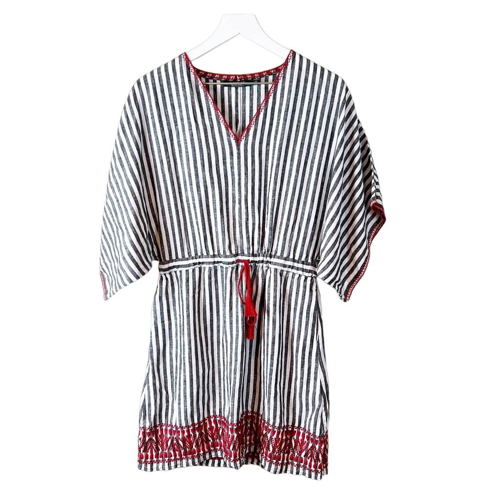 Lauren Ralph Lauren Linen Striped Embroidered Tunic Dress Black White Red Sz 2